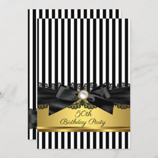 Schwarz-weiß Stripe Lace bow Gold 50. Geburtstag Einladung