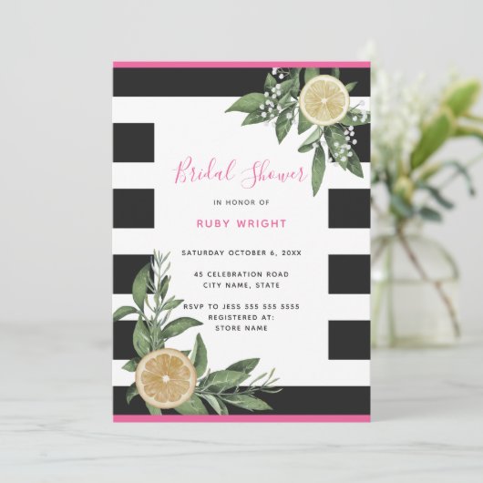 Schwarz-weiß Stripe Lemon Pink Brautparty Einladung (Stehend Vorderseite)