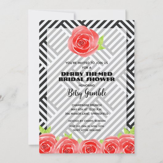 Schwarz-weiß Stripe Rose Derby Brautparty Einladung (Vorderseite)