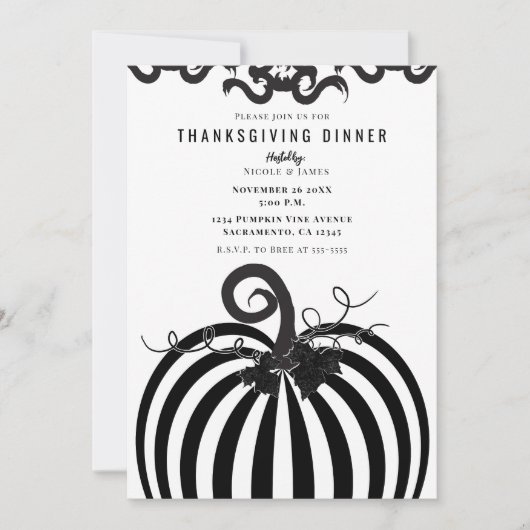 Schwarz-weiß Striped Pumpkin Erntedank Dinner Einladung (Vorderseite)