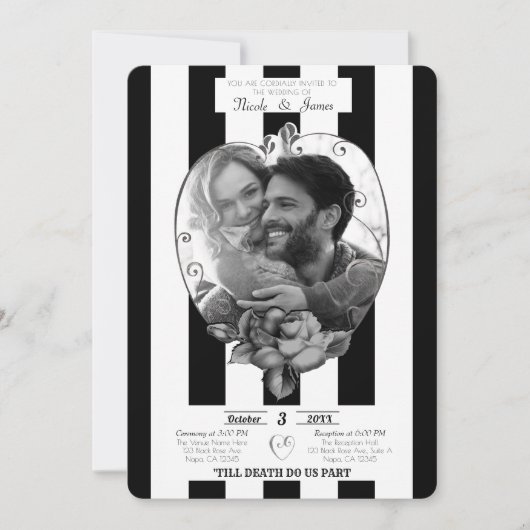 Schwarz-weiß Stripes Foto Ehe Gotische Hochzeit Einladung (Vorderseite)