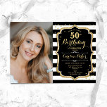 Schwarz-weiß Stripes Gold Foto 50. Geburtstag Einladung<br><div class="desc">Eleganter 50. Geburtstag mit Ihrem Foto. Einfaches modernes Schwarz-weißes Design mit Imitaten Glitzer Gold. Enthält schwarz-weiße Streifen,  Skript-Schriftart und Konfetti. Ideal für ein stilvolles Party für Erwachsene. Personalisieren Sie Ihre persönlichen Daten. Kann für jedes Alter angepasst werden! Gedruckte Zazzle Einladungen oder Sofortdownload digitalen druckbaren Vorlage.</div>