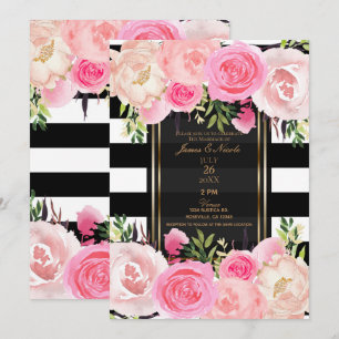 Schwarz-weiß Stripes Gold Rosa Blumenzehen Einladung