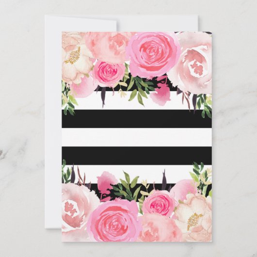 Schwarz-weiß Stripes Gold Rosa Blumenzehen Einladung (Rückseite)