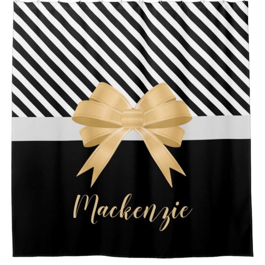 Schwarz-weiß Stripes Goldem Bow Duschvorhang (Vorderseite)