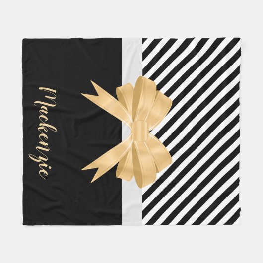Schwarz-weiß Stripes Goldem Bow Fleecedecke (Vorderseite (Horizontal))