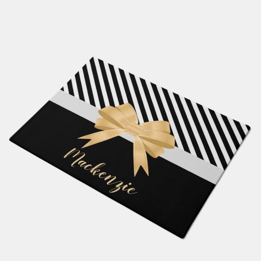 Schwarz-weiß Stripes Goldem Bow Fußmatte (Schrägansicht)