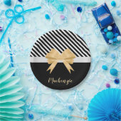 Schwarz-weiß Stripes Goldem Bow Pappteller (Party)