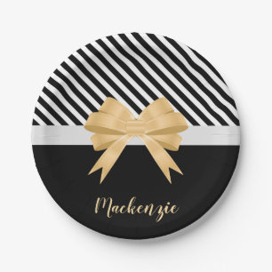 Schwarz-weiß Stripes Goldem Bow Pappteller