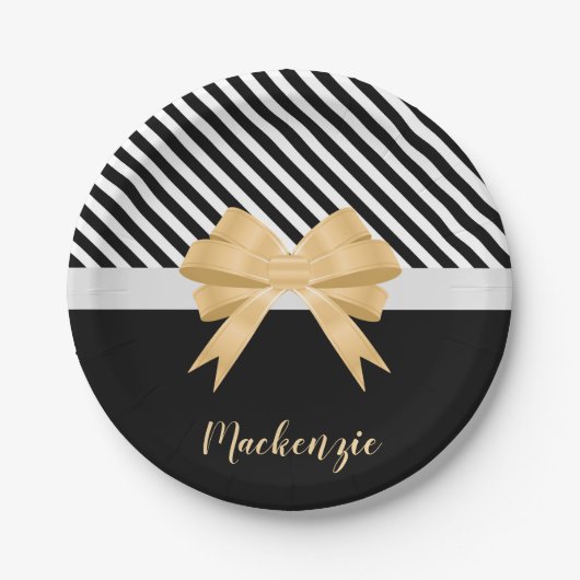 Schwarz-weiß Stripes Goldem Bow Pappteller (Vorderseite)