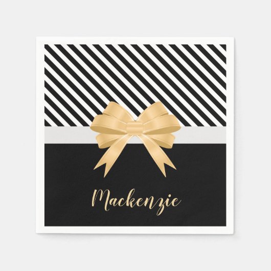 Schwarz-weiß Stripes Goldem Bow Serviette (Vorderseite)