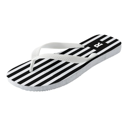 Schwarz-weiß Stripes Monogramm Referenzen Flip Flo Badesandalen (Schrägansicht)