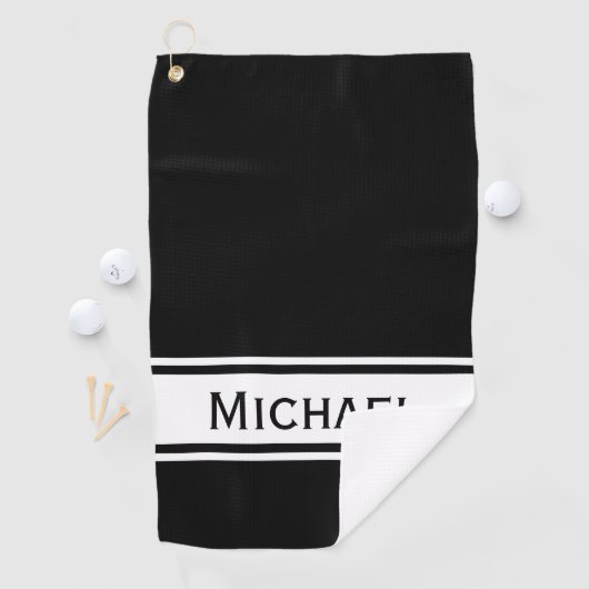 Schwarz-weiß StripModern Name Monogram Golfhandtuch (Insitu)