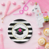 Schwarz-weiß Stripte rosafarbene Blütenschülerin Pappteller (Party)