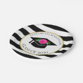 Schwarz-weiß Stripte rosafarbene Blütenschülerin Pappteller (Schrägansicht)