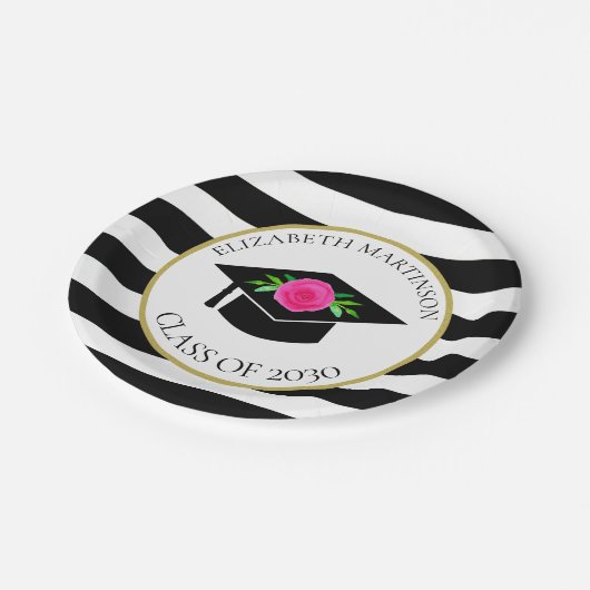 Schwarz-weiß Stripte rosafarbene Blütenschülerin Pappteller (Schrägansicht)