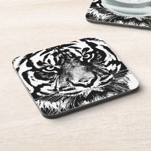 Schwarz-weiß Sumatran Borneo Tiger Eye Artwork Untersetzer (Linke Seite)