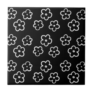 Schwarz-weiß süßes Blumen Y2K-Muster Fliese