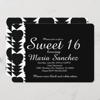 Schwarz-Weiß-Sweet 16 Herz Geburtstagsparty Einladung