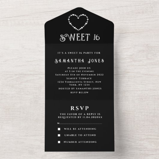Schwarz-Weiß Sweet 16 Herz Sechzehn All In One Einladung (Innen Boden)