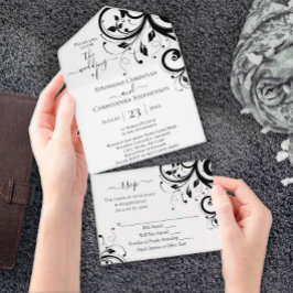 Schwarz-Weiß-Swirt-Skript in einem in All In One Einladung