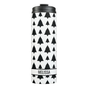 Schwarz-Weiß-Tannen-Weihnachtsbaum-Muster & Name Thermosbecher