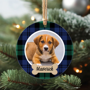 Schwarz-Weiß-Tartan-Weihnachtshund-Foto Ornament