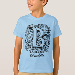 Schwarz-Weiß-Tätowierblumen-Monogramm Buchstabe B T-Shirt