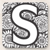 Schwarz-Weiß-Tätowierfarben-Blume Monogramm Getränkeuntersetzer (Vorderseite)