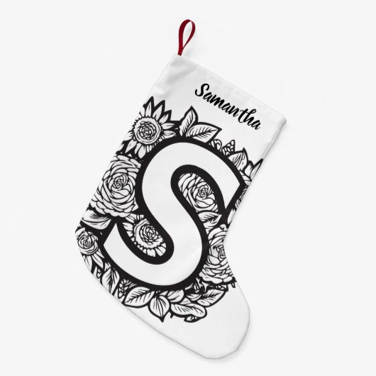 Schwarz-Weiß-Tätowierfarben-Blume Monogramm Kleiner Weihnachtsstrumpf (Vorderansicht (hängend))