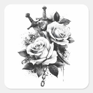 Schwarz-Weiß-Tattoo-Art Design Quadratischer Aufkleber