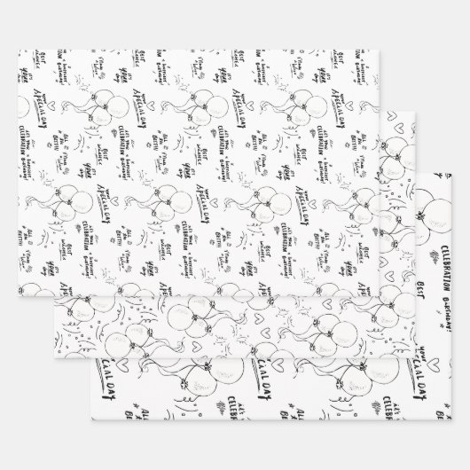 Schwarz-weiß Text Doodle Ballon Happy Birthday Geschenkpapier Set (Set)