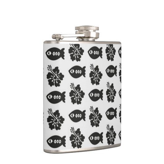 Schwarz-Weiß-Tiki-Fisch und Blume-Muster Flachmann (Rechts)