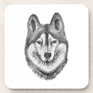 Schwarz-Weiß-Tinte und Aquarell-Sibirischer Husky Getränkeuntersetzer