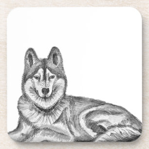 Schwarz-Weiß-Tinte-und-Aquarell-Sibirischer Husky Getränkeuntersetzer