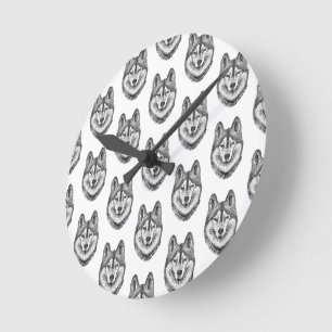 Schwarz-Weiß-Tinte und Aquarell-Sibirischer Husky Runde Wanduhr