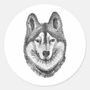 Schwarz-Weiß-Tinte und Aquarell-Sibirischer Husky Runder Aufkleber