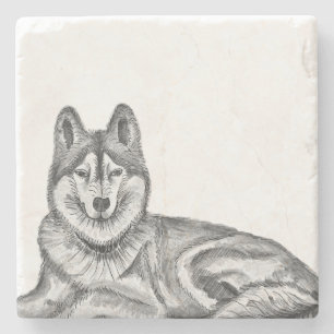 Schwarz-Weiß-Tinte und Aquarell Sibirischer Husky Steinuntersetzer