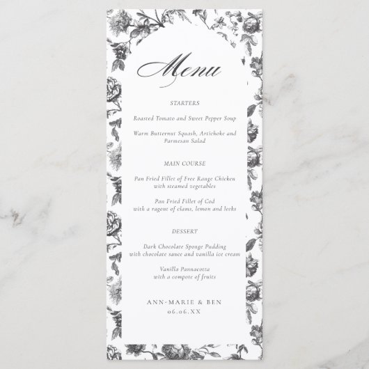 Schwarz-Weiß-Toile-Script-Arch-Hochzeitmenü Menükarte (Vorderseite)