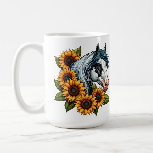 Schwarz-Weiß Tovero Paint Horse und Sonnenblumen Kaffeetasse (Links)