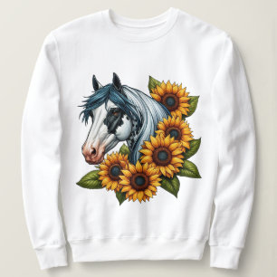 Schwarz-Weiß Tovero Paint Horse und Sonnenblumen Sweatshirt