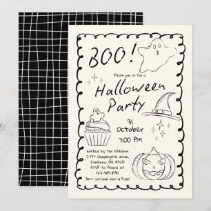 Schwarz-Weiß-Trendy-Handgezeichnete Halloween-Part Einladung