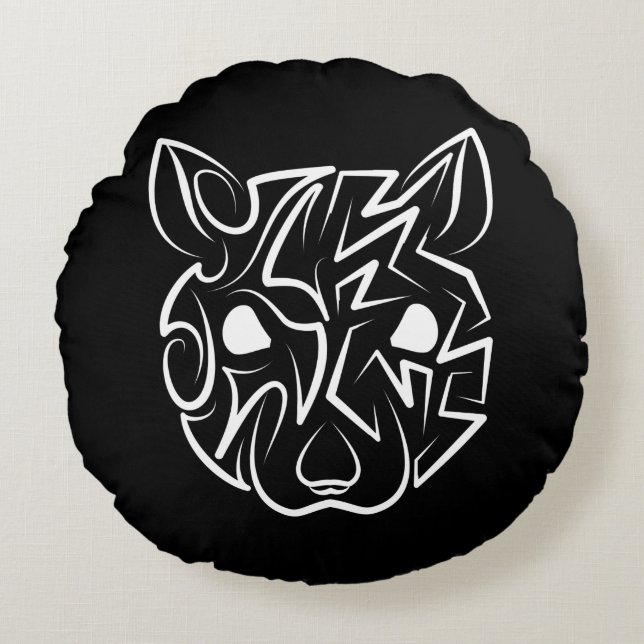 Schwarz-Weiß-Tribal Rundes Kissen (Vorderseite)