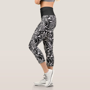 Schwarz-Weiß-Tropenleaf-Wiederholungsmuster Capri Leggings