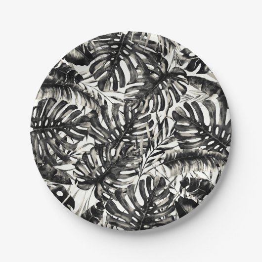 Schwarz-Weiß-Tropenpalme-Blätter Hochzeit Pappteller (Vorderseite)