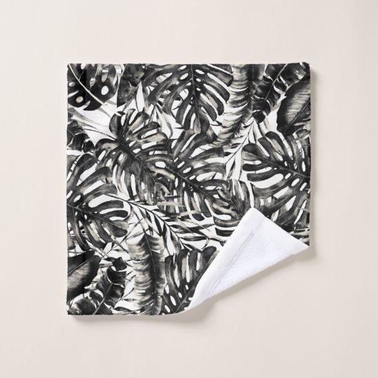 Schwarz-Weiß-Tropenpalme Blätter Insel Chic Badhandtuch Set (Waschlappen)