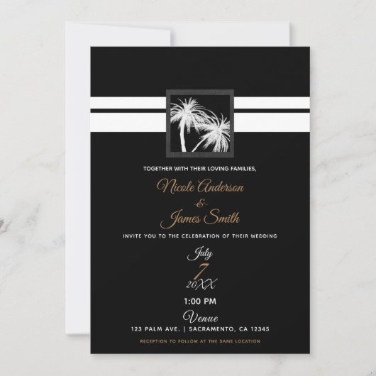 Schwarz-Weiß-Tropenpalmen Moderne Hochzeit Einladung (Vorderseite)