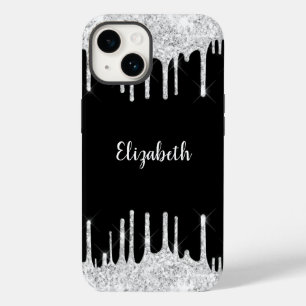 Schwarz Weiß tropfender Glitter Silber Monogramm Case-Mate iPhone 14 Hülle