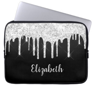Schwarz Weiß tropfender Glitter Silber Monogramm Laptopschutzhülle