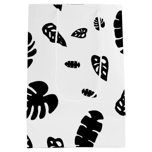 Schwarz-Weiß-Tropical Summer Blätter Muster Mittlere Geschenktüte (Rückseite)